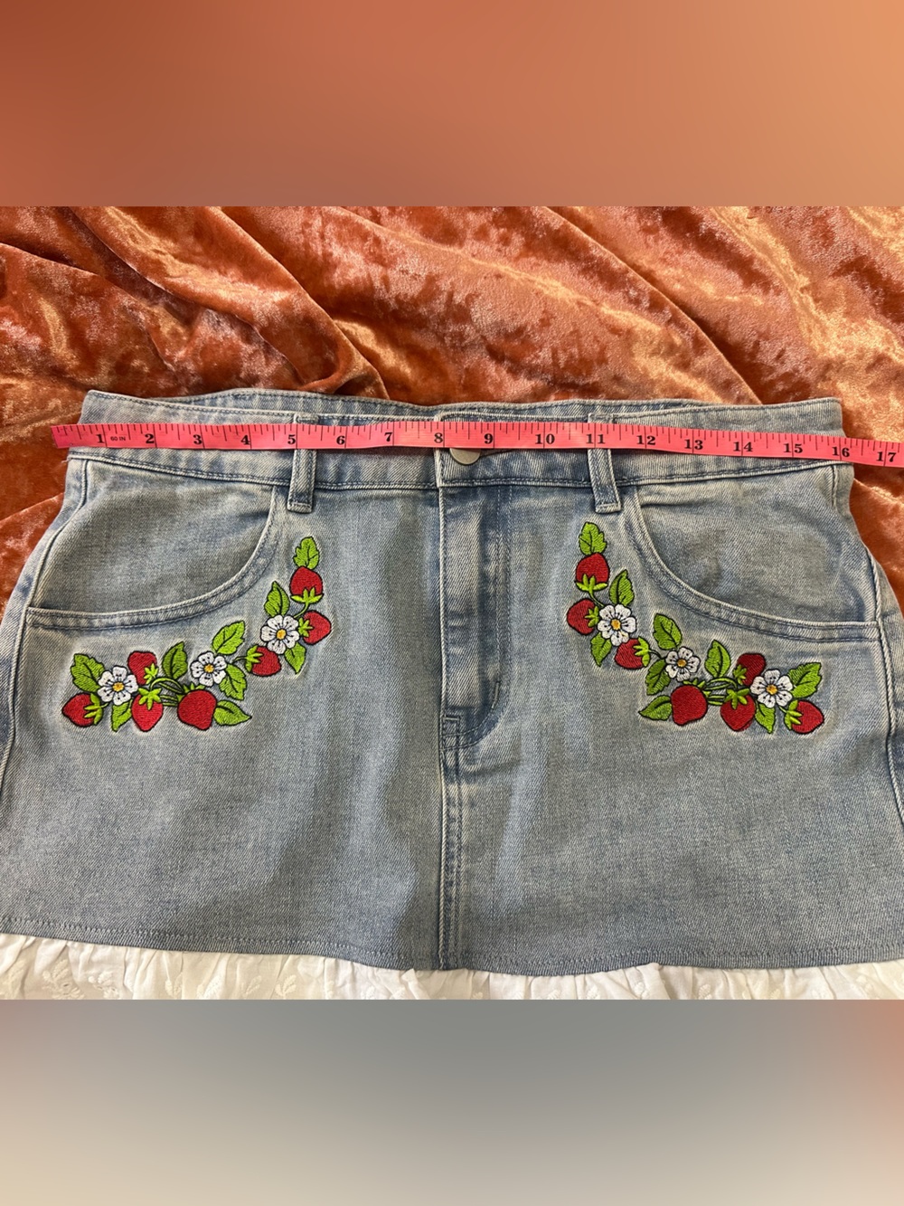 Dolls Kill x Strawberry Shortcake Freshly Picked Denim Mini Skirt with Ruffle- L - Picture 8 of 8